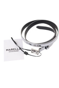Image of Shiny Silver Thin Belt with Bejeweled Logo Buckle – Marella