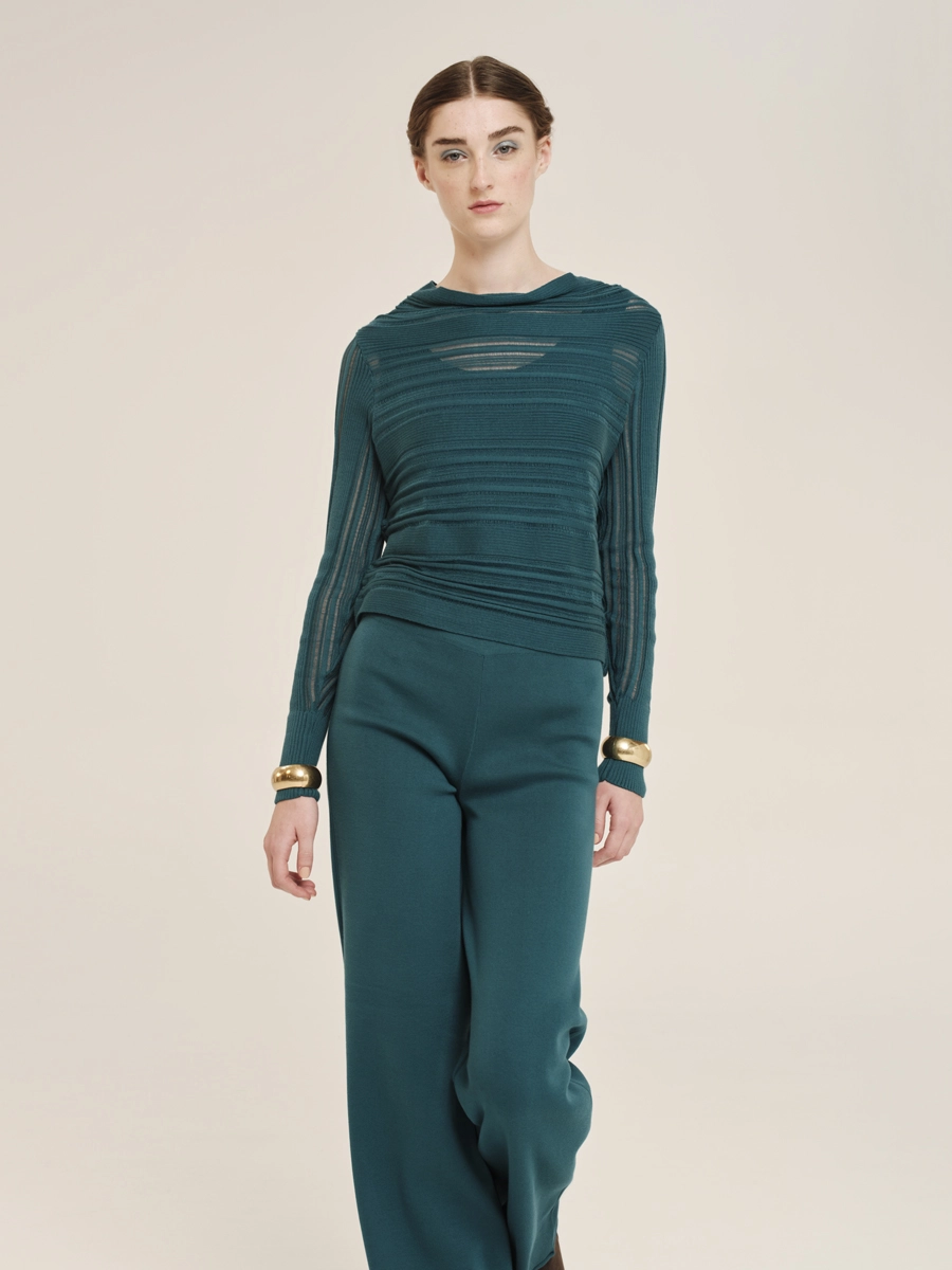 Irregular Rib Boxy Blouse with Soft Boat Neckline -Kourbela