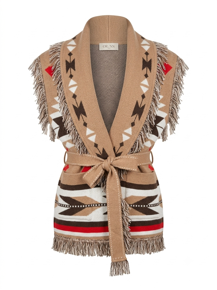 Image of Azteque Print Soft Long Vest with Tie Belt – Orlinn