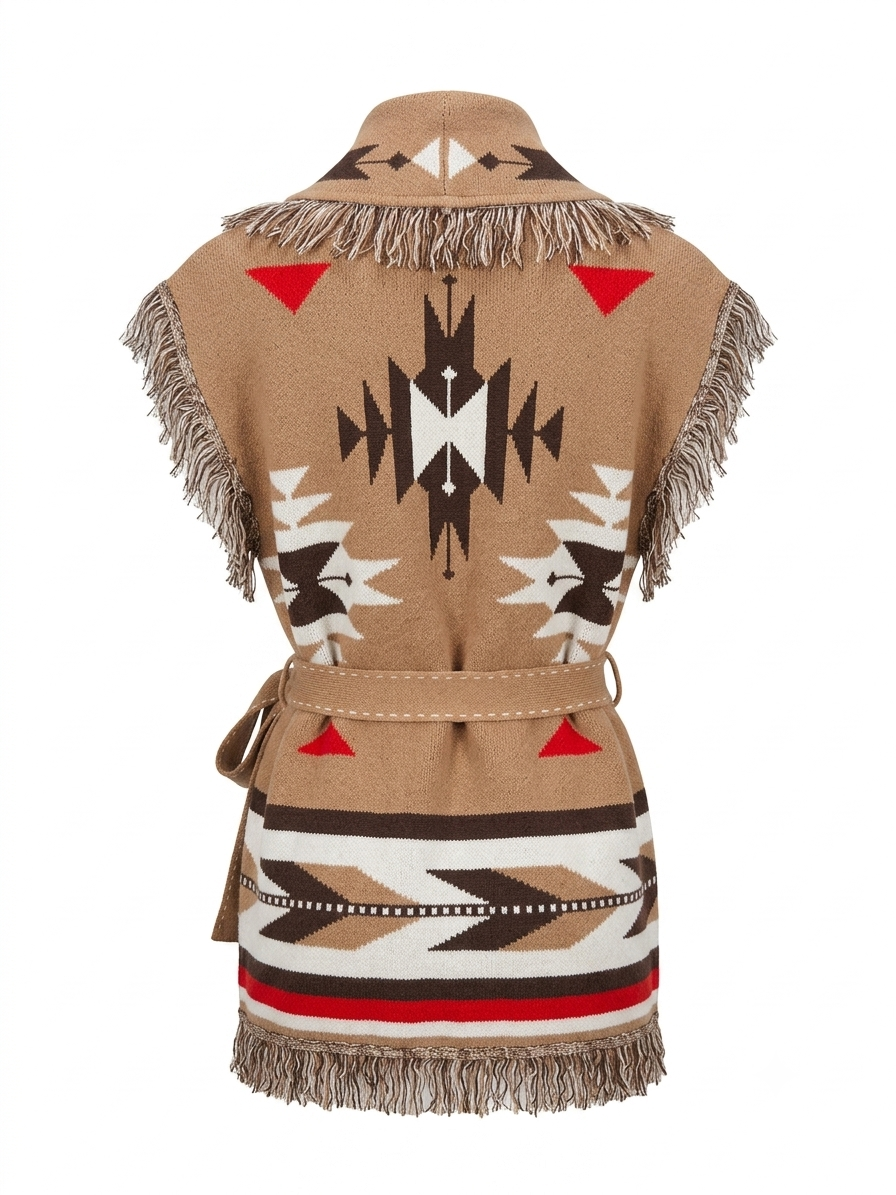 Azteque Print Soft Long Vest with Tie Belt – Orlinn