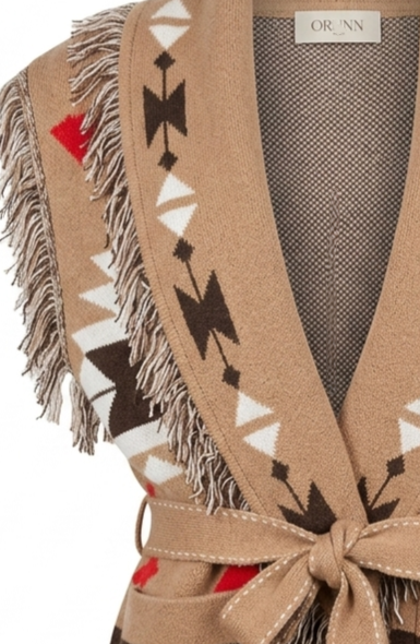 Azteque Print Soft Long Vest with Tie Belt – Orlinn