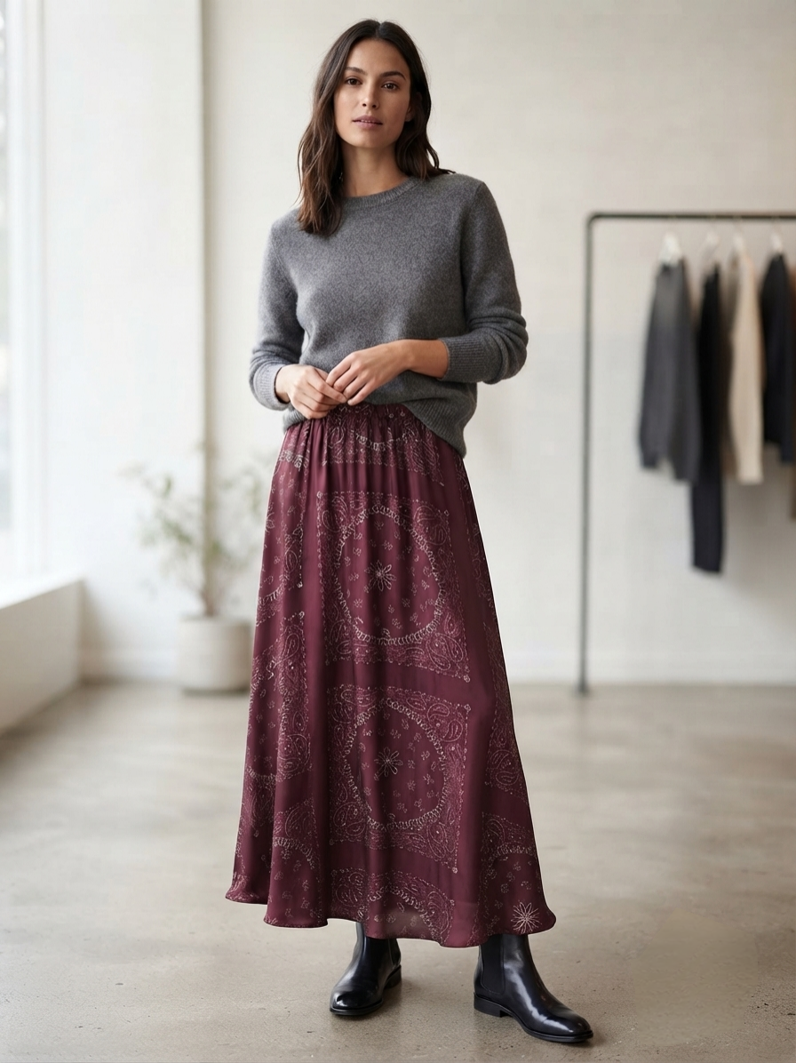 “Bandana” Print Silky Maxi Skirt with Elasticated Waistband -Sunny Studio