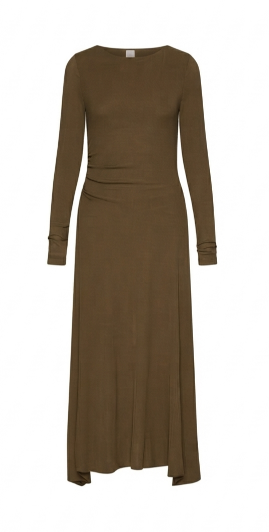 Fit and Flare Asymmetric Maxi Jersey Dress with Waist Ruching – Marella
