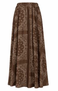 "Bandana" Print Silky Maxi Skirt with Elasticated Waistband -Sunny Studio - Dark Brown, One Size