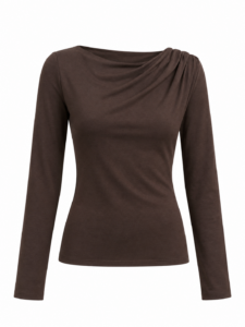 Image of Long Sleeve T-Shirt with Front and One Shoulder Draping – Kourbela
