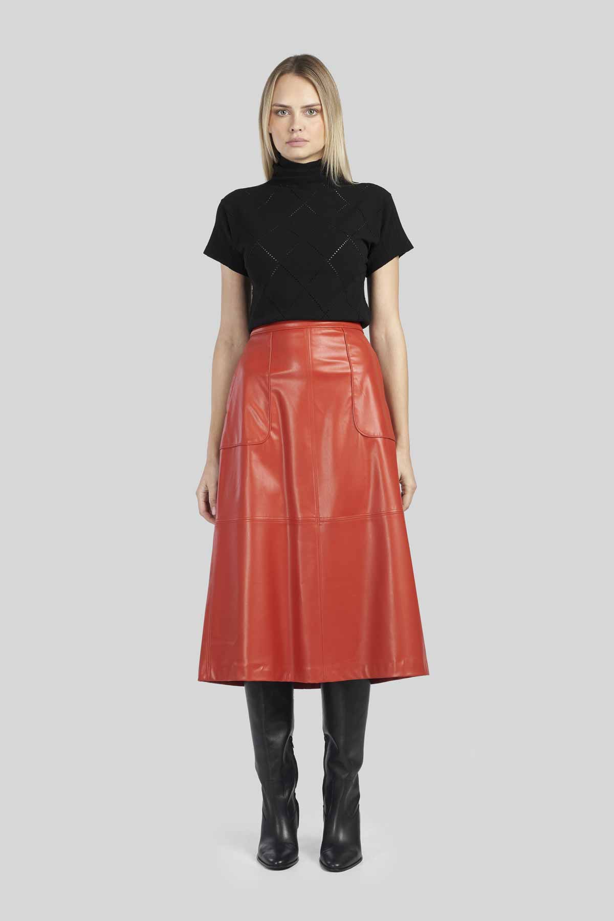 A-Line Midi Eco Leather Skirt with Large Pockets and Seam Details – Caractere