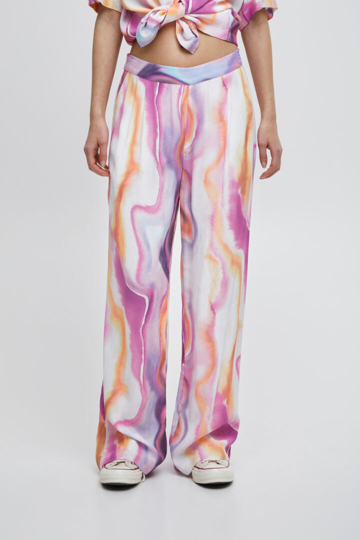 Watercolour Printed Silky Palazzo Trousers with Elastic Backband