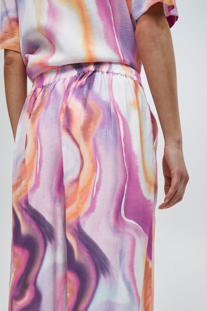 Watercolour Printed Silky Palazzo Trousers with Elastic Backband