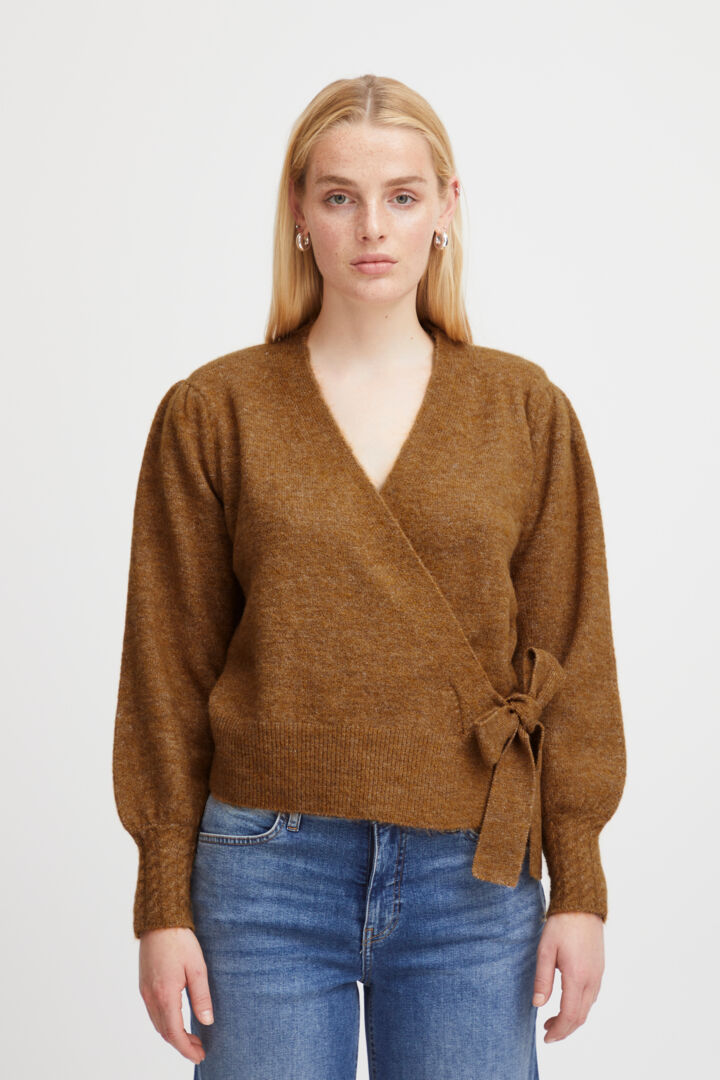 Padded Wrap Cardigan with Puffed Sleeves and Cuff Details – Ichi