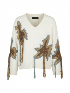Image of V-Neck Wooly Sweater with Large Embroidered Leaf Patterns,Fringe and Rib Endings – Kaos