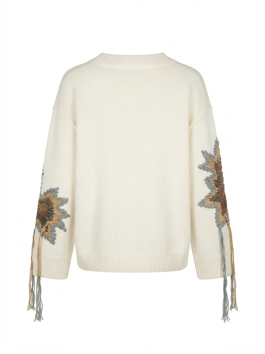 V-Neck Wooly Sweater with Large Embroidered Leaf Patterns,Fringe and Rib Endings – Kaos
