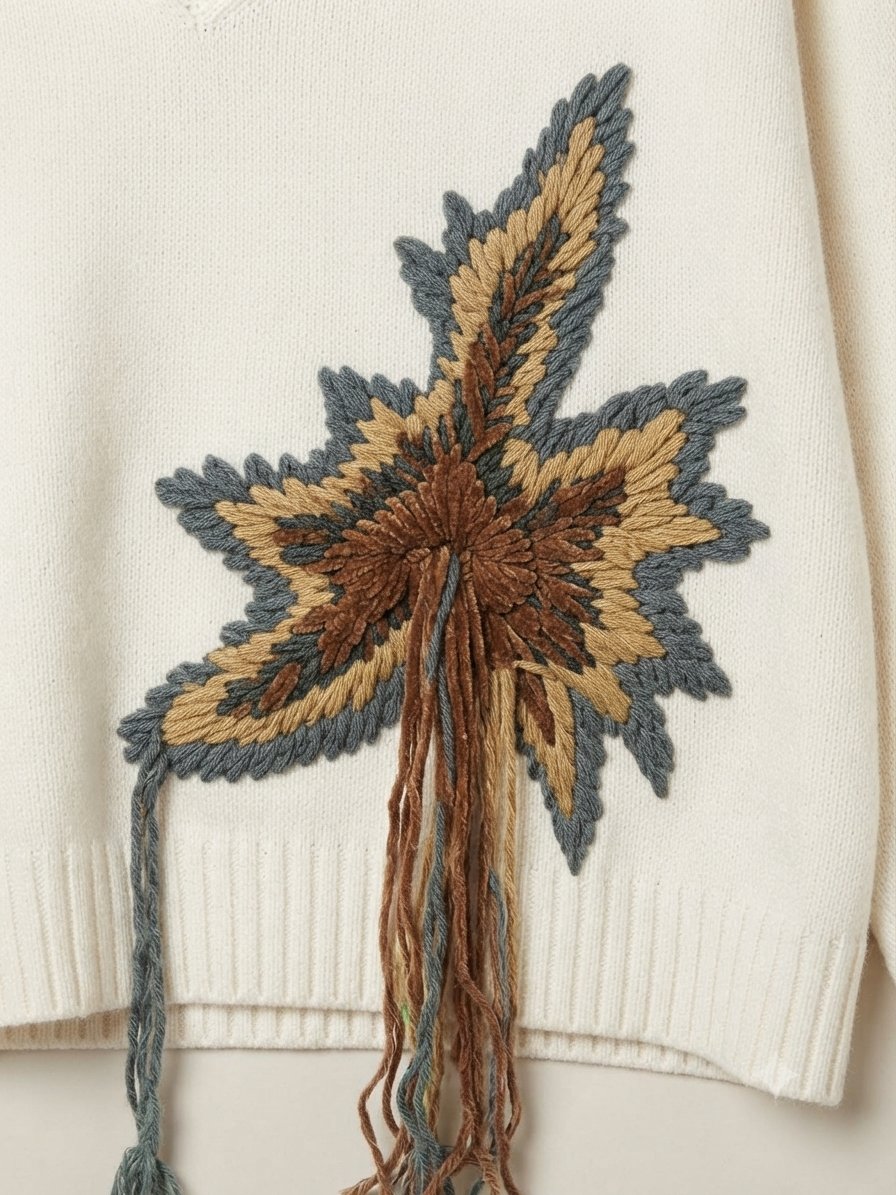 V-Neck Wooly Sweater with Large Embroidered Leaf Patterns,Fringe and Rib Endings – Kaos