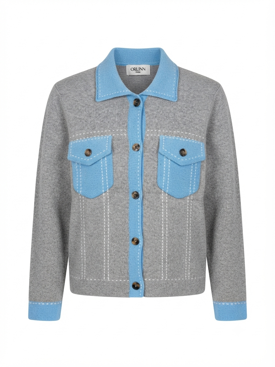 Two Tones Cardigan with Front Pockets,Buttons and Stripe Details – Orlinn