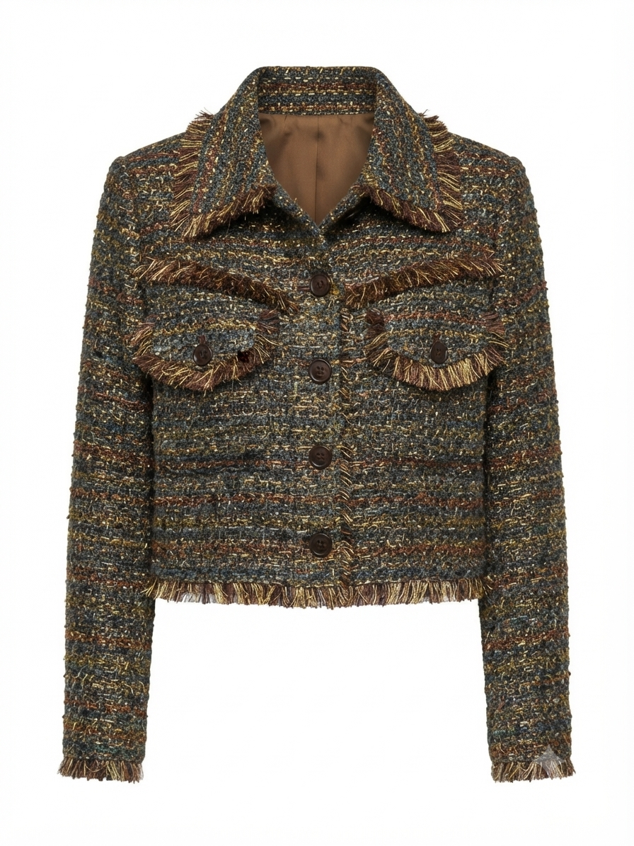 Cropped Bouclé Jacket with Fringe and Pocket Details – An’ge