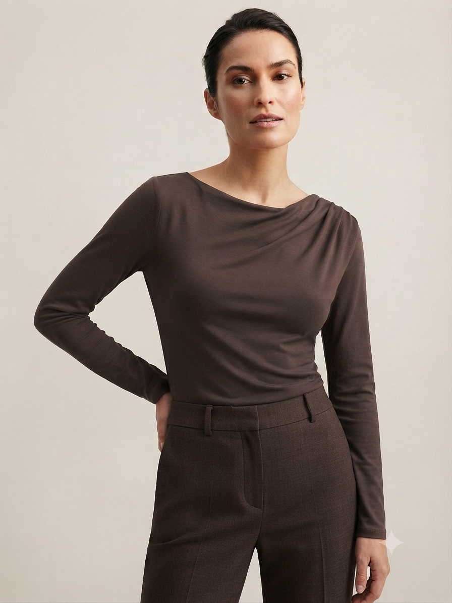 Long Sleeve T-Shirt with Front and One Shoulder Draping – Kourbela