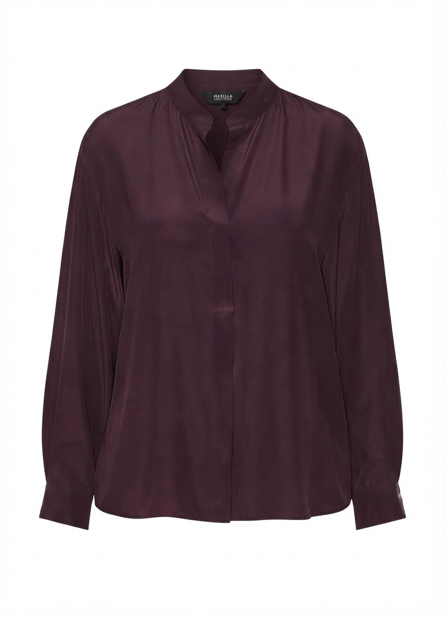 V-Neck Fly Front Mandarin Collar Long Silk Blouse – Marella