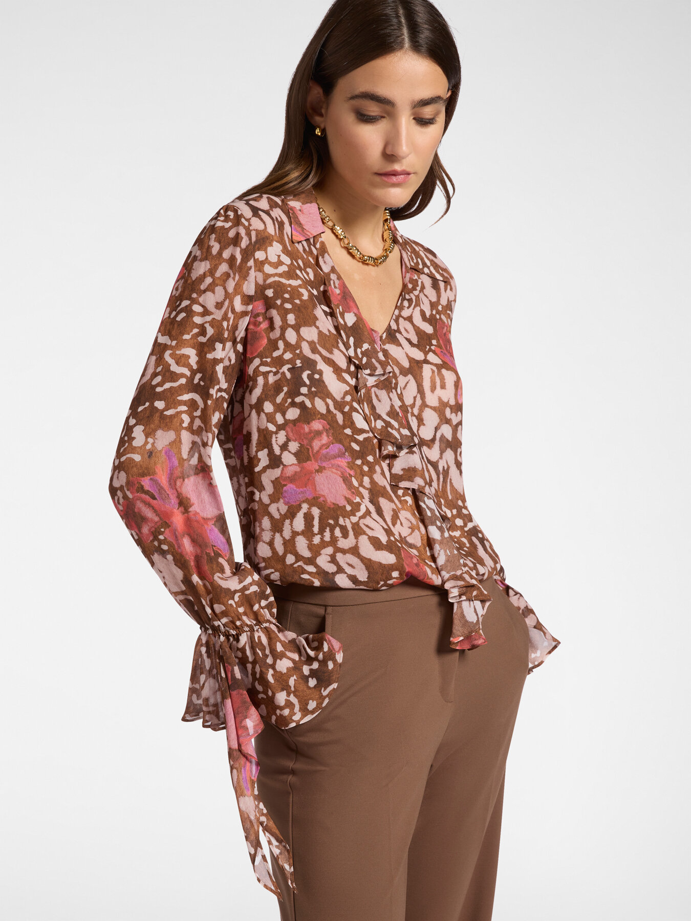 Viscose Floral Blouse with Front and Sleeve Flounce-Elena Miro