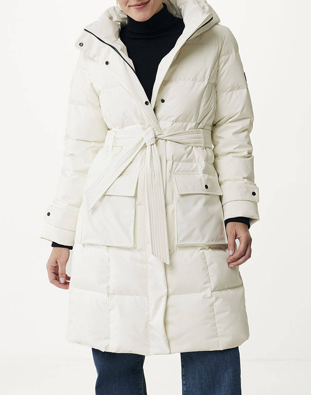 Hooded Puffer Coat with Large Pockets and Tie Belt – Mexx