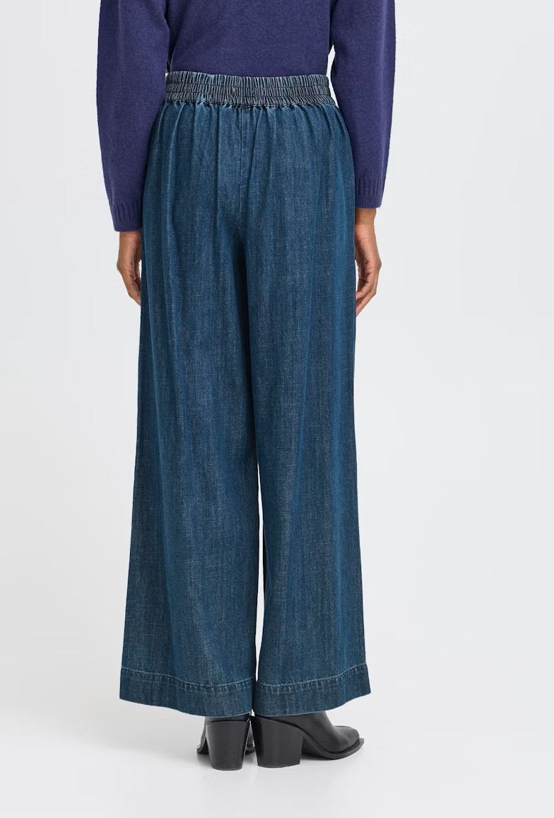 Wide Legged Denim Trousers with Elasticated Back Band -Ichi