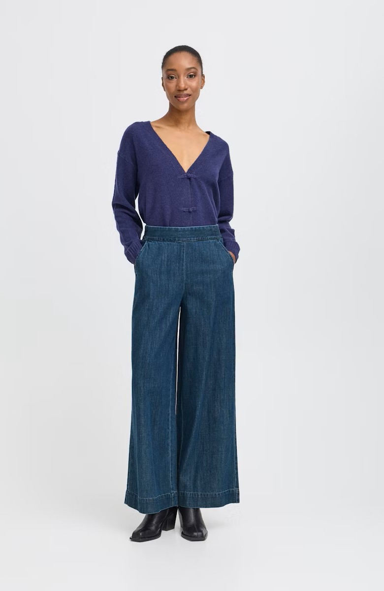 Wide Legged Denim Trousers with Elasticated Back Band -Ichi