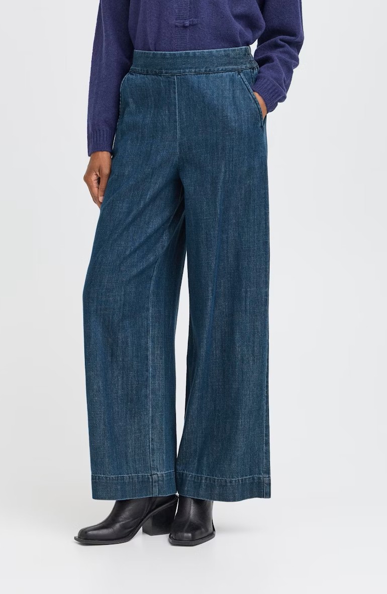 Wide Legged Denim Trousers with Elasticated Back Band -Ichi