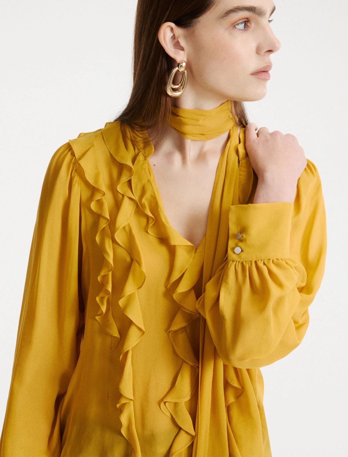 Batwing Puffed Sleeved Silky Blouse with Ruffle Details – Marella