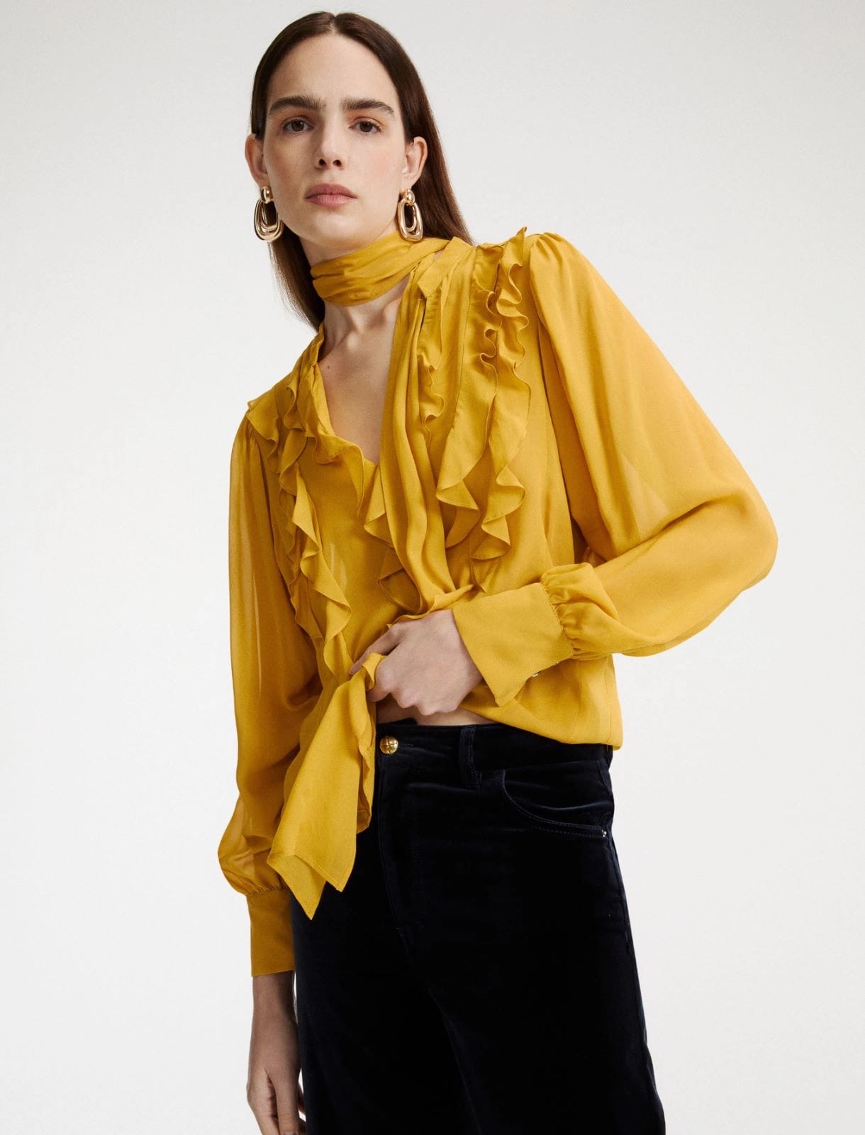 Batwing Puffed Sleeved Silky Blouse with Ruffle Details – Marella