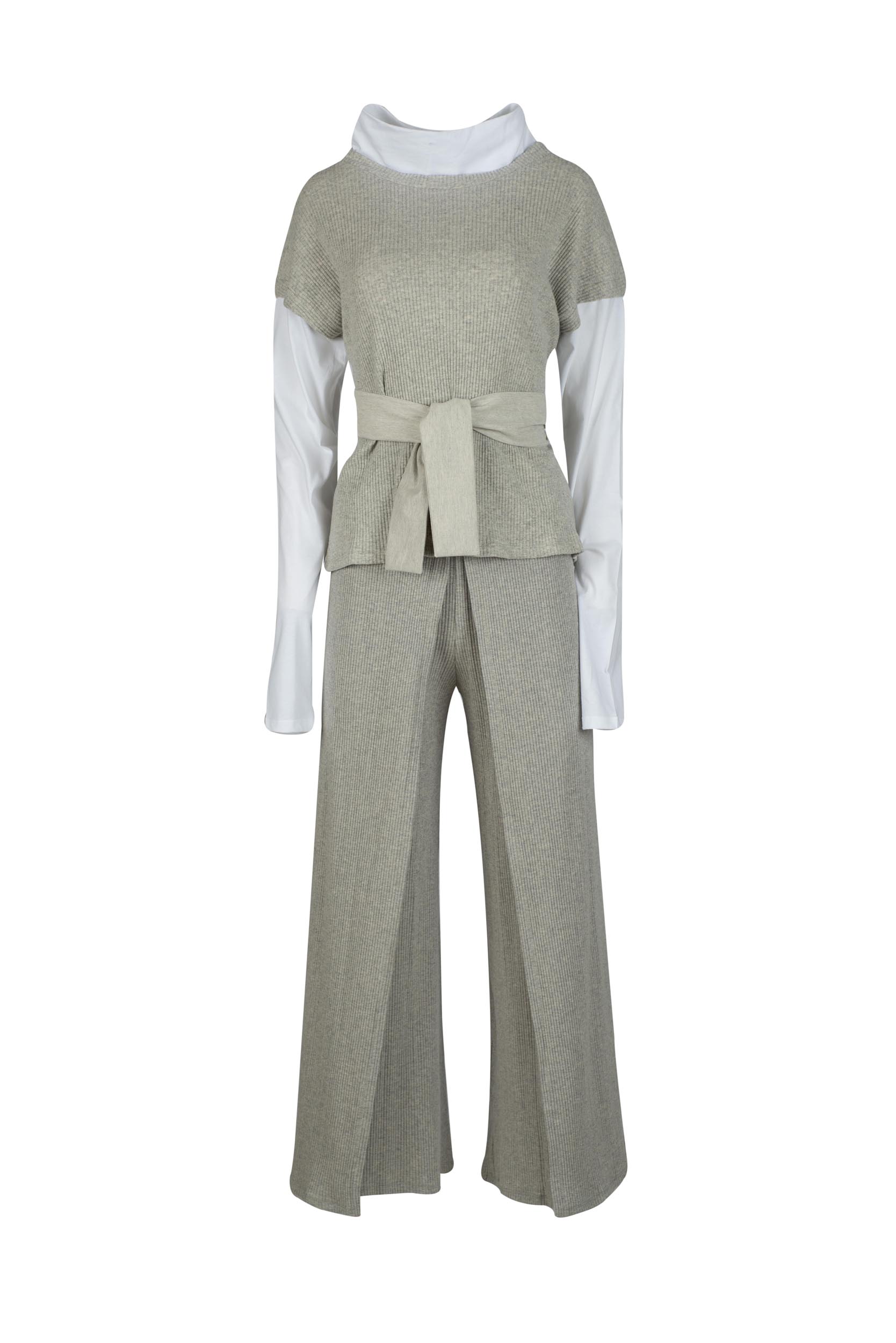 Fine Rib Wide-Leg Knitted Trousers with Overlayer and Elasticated Waistband