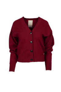 Image of Cropped V Cardigan with Rib Edges and Puffed Sleeves