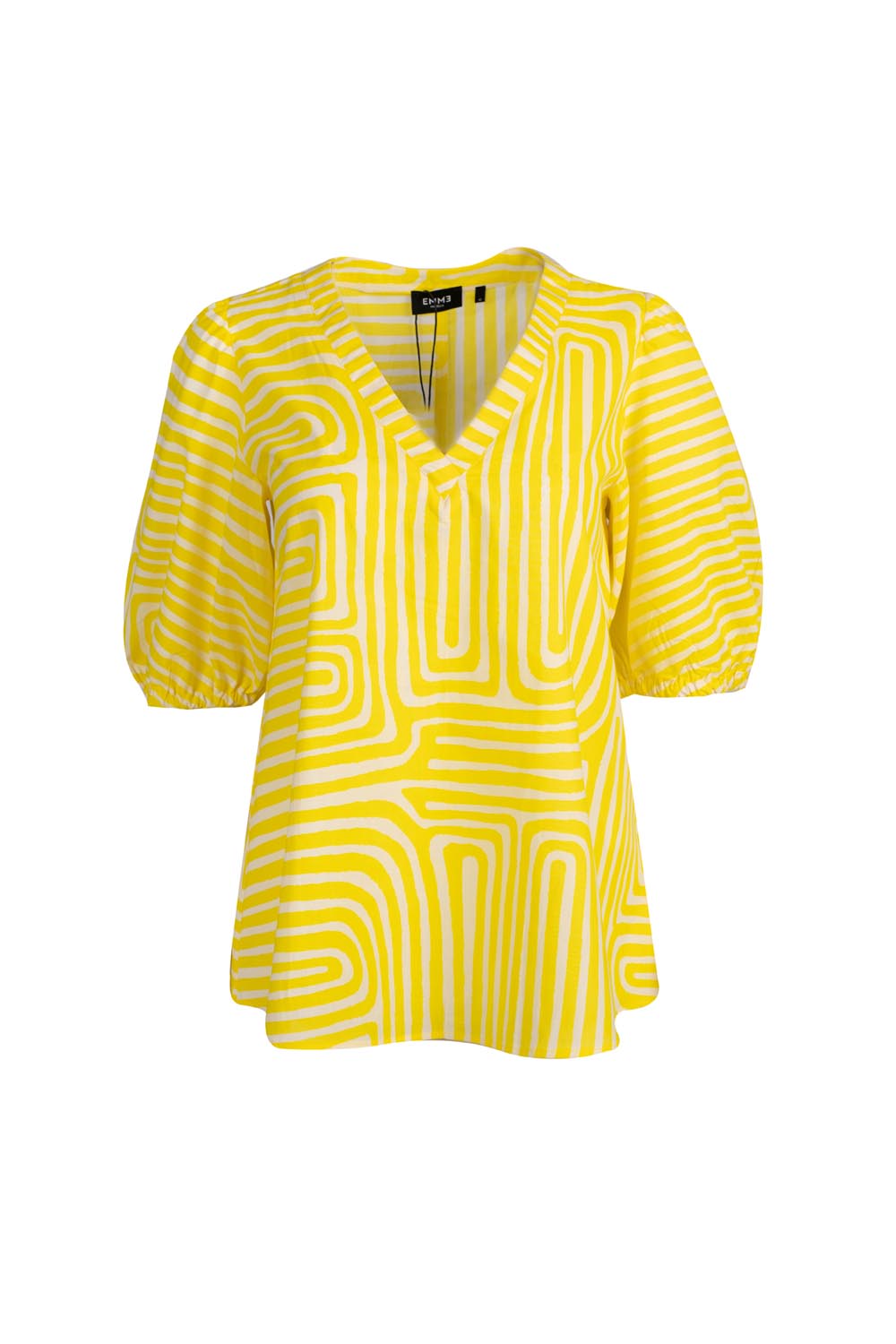 A- Line V Neck Blouse with Puffed Sleeve and Labyrinth Patterns