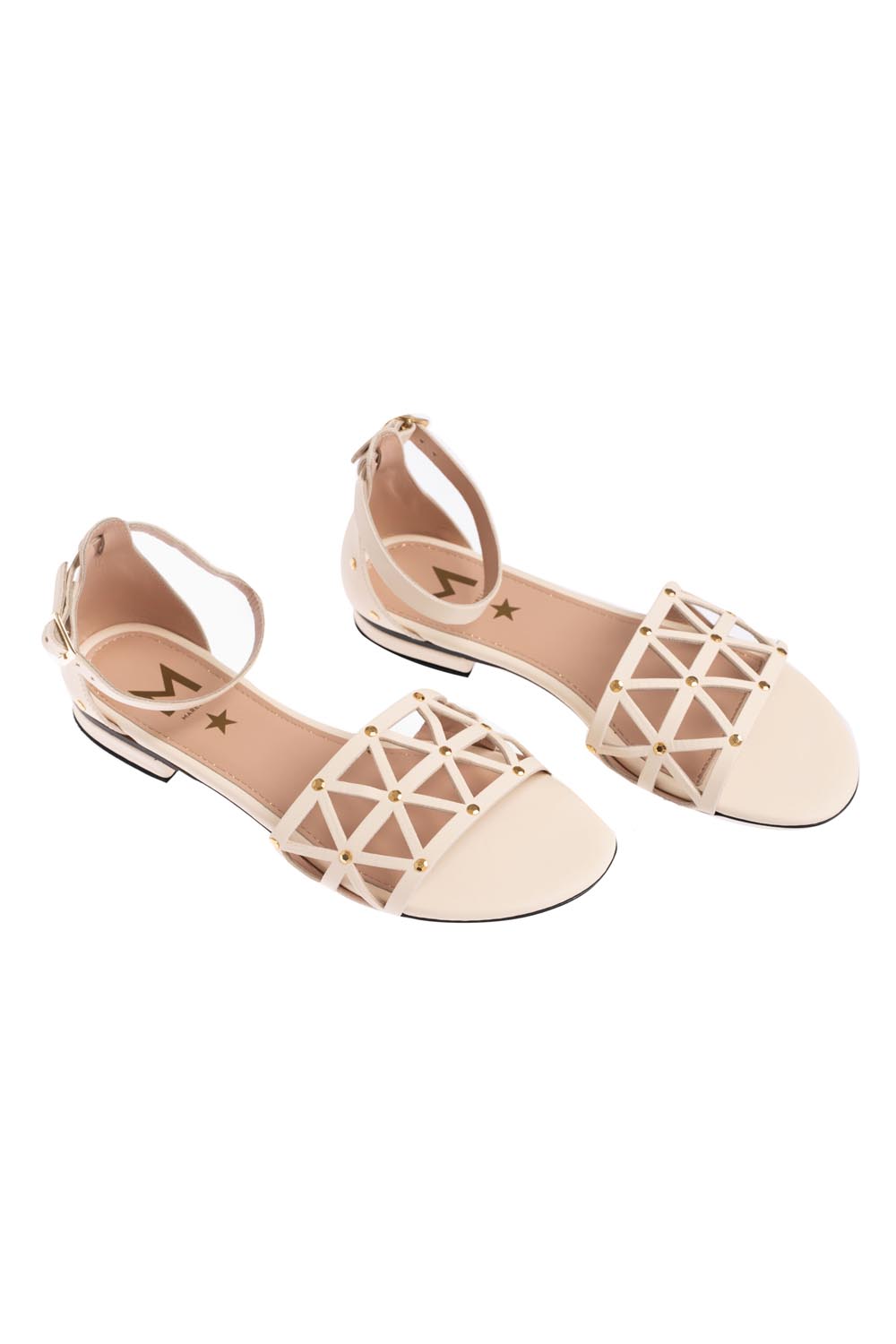 Flat Studded Leather Sandals with  Cut-Out Detail and An Ankle Strap