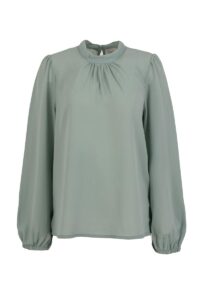 Image of Mandarin Collar Blouse with Front Ruching Detail and Puffed Sleeves