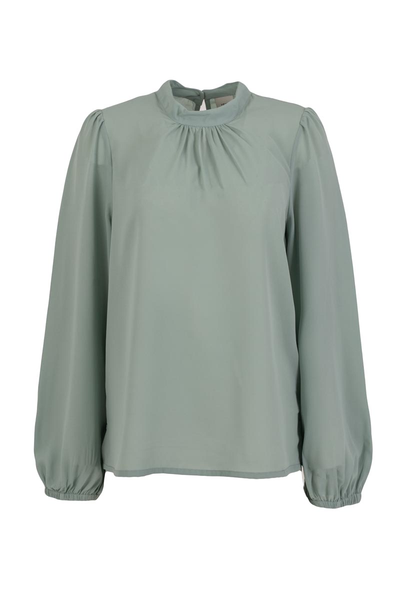Mandarin Collar Blouse with Front Ruching Detail and Puffed Sleeves
