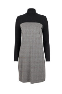 Image of Shift Jersey “Prince de Galles” Dress with Knitted Neckline and Sleeves-PENNY BLACK