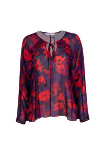 Image of Batwing Sheer Floral Blouse with Ruffle Details and Front Tying