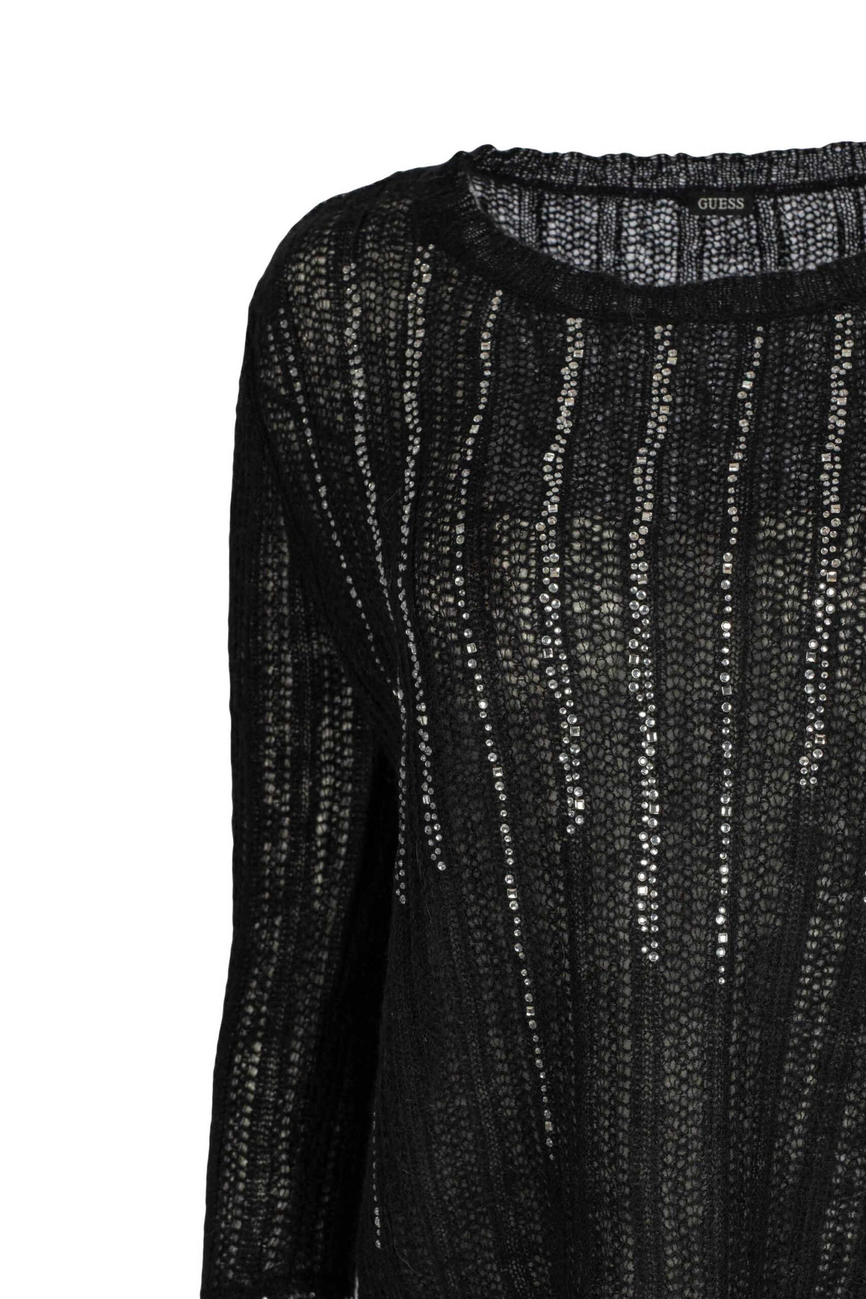 Sheer Wooly Knit Sweater with Crystal Stripe Front and Sleeve Detail