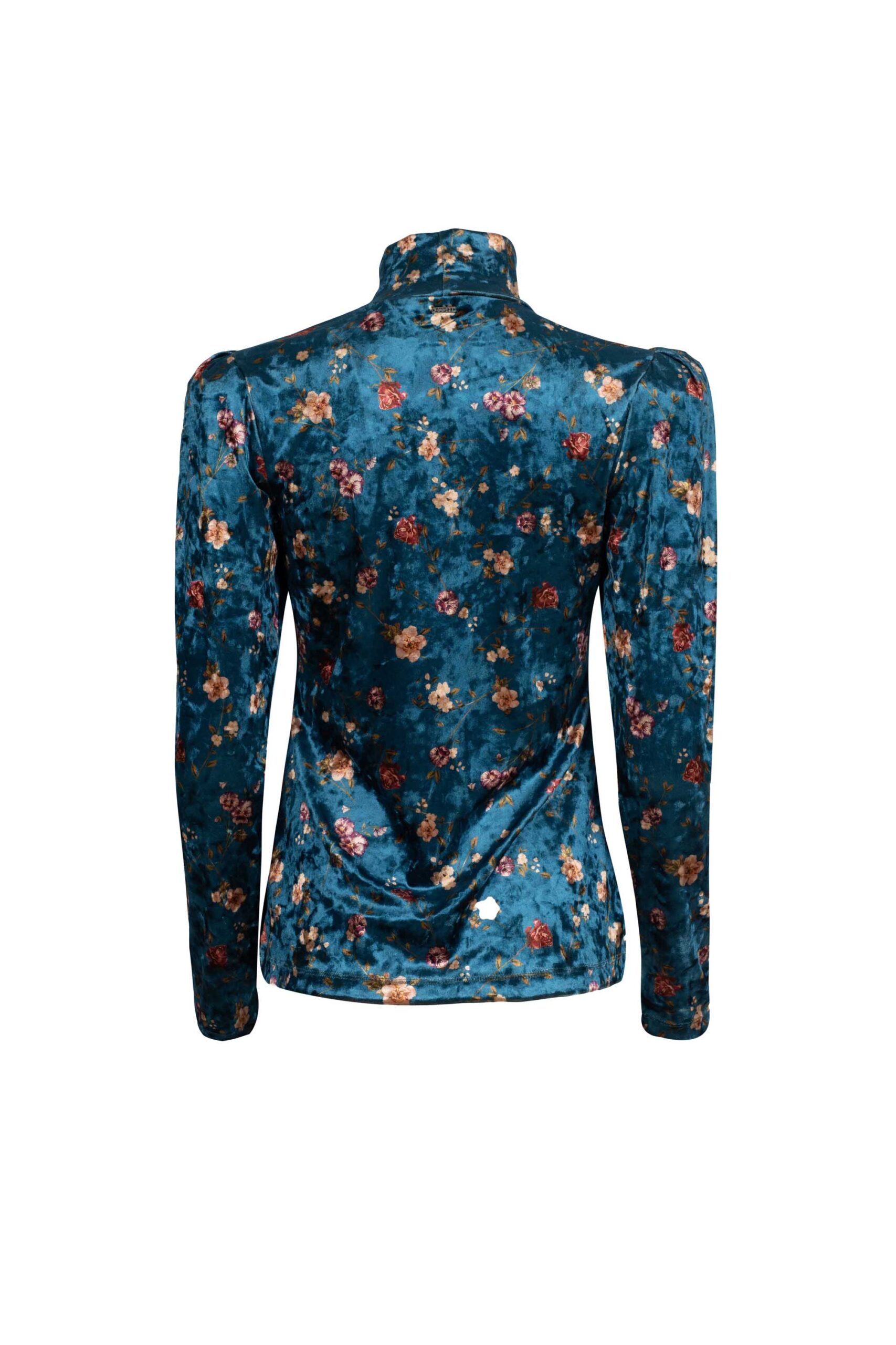 High Neck Floral Print Velvet Blouse with Puffed Sleeves
