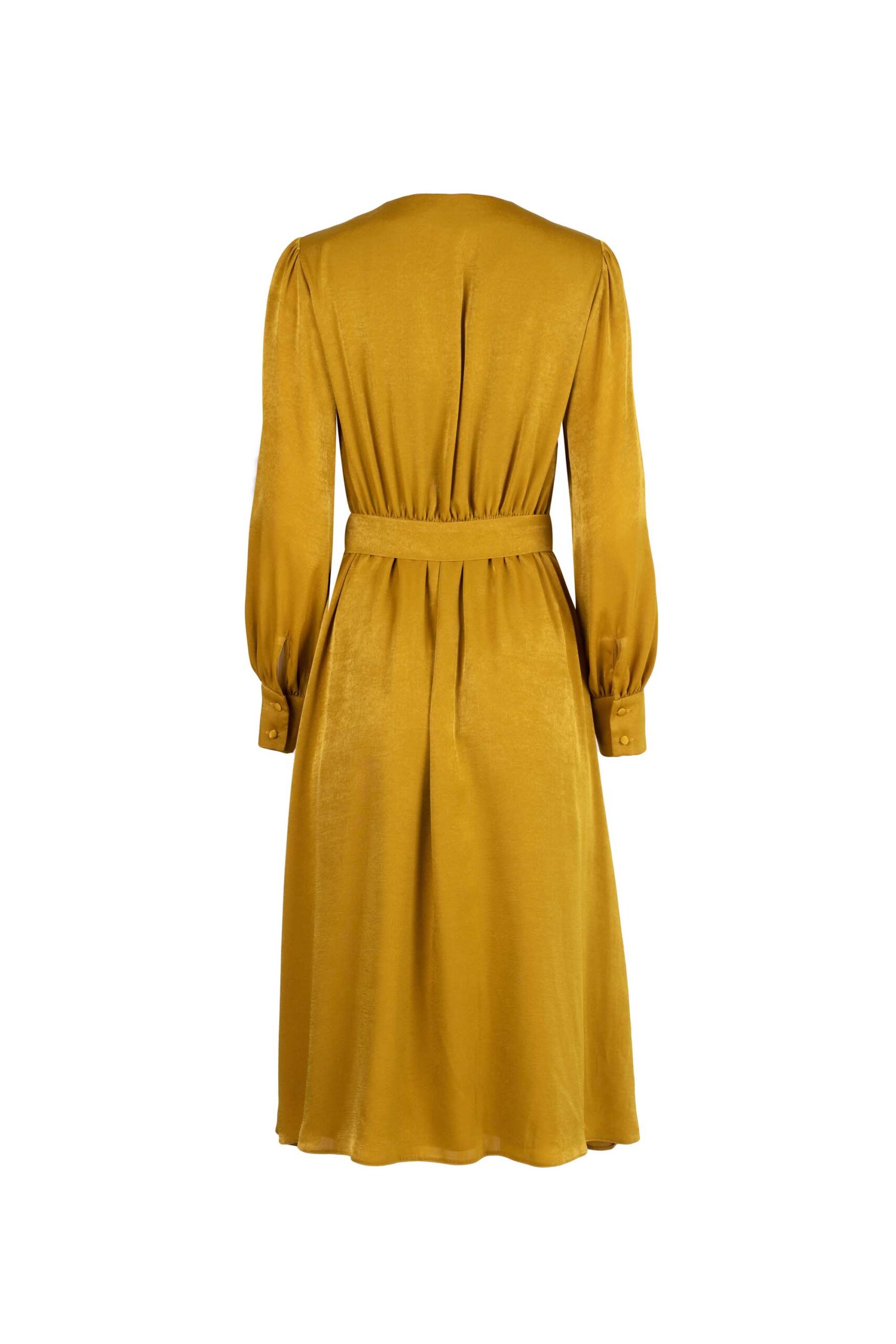 Fit and Flare Sheeny V Neck Dress with Puffed Sleeves and Tie Belt