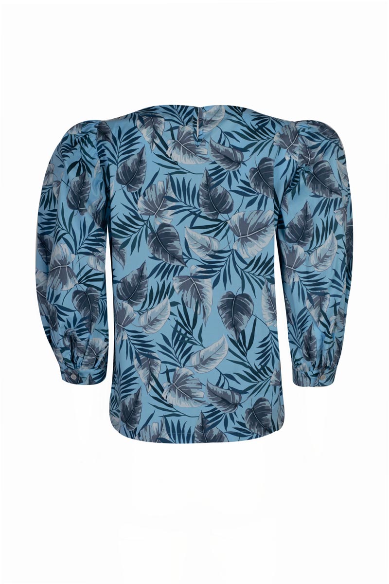 Crisp Tropic Patterned Blouse with Puffed 3/4 Sleeves