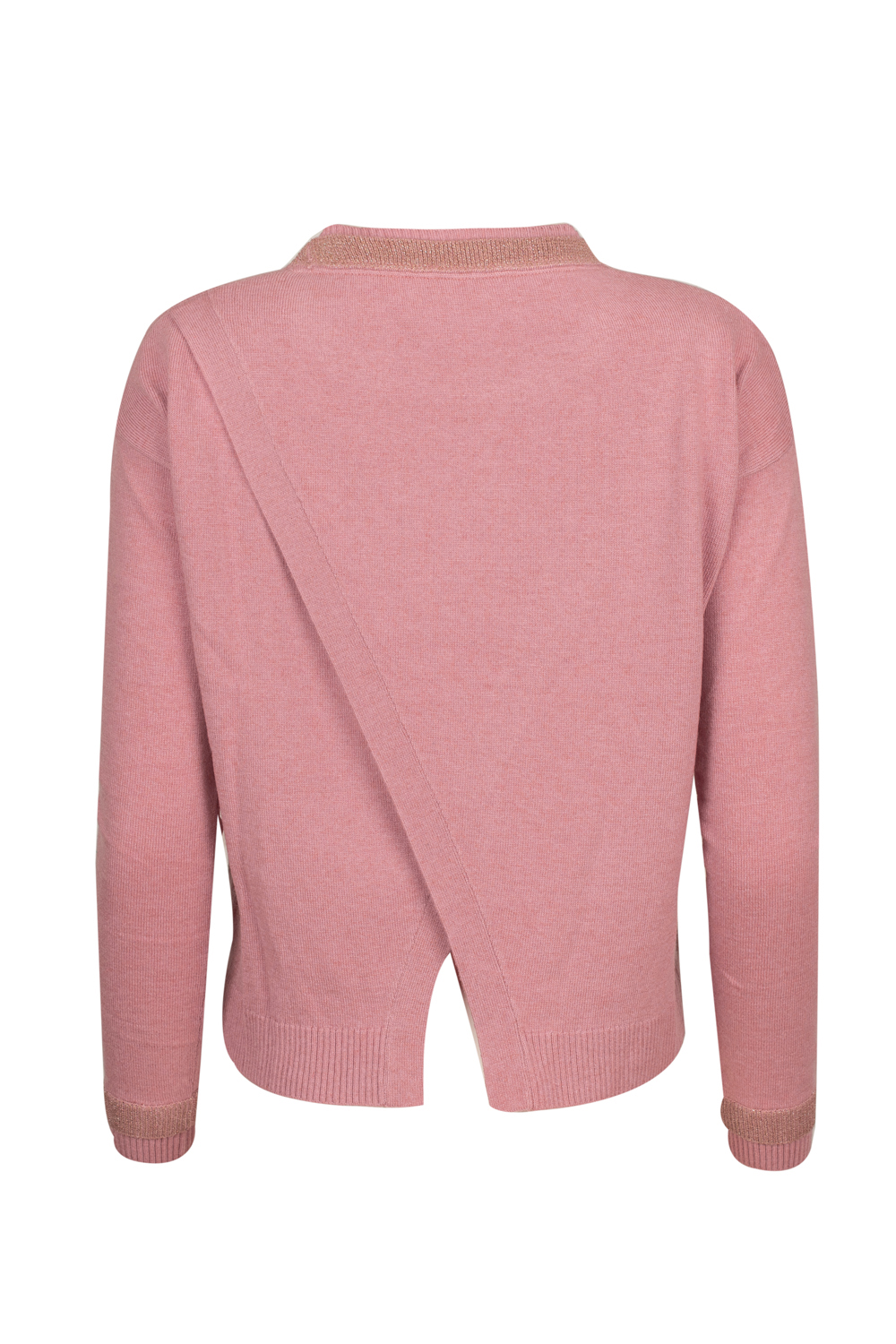 Pink Sweater with Lurex Neck and Sleeve Detail and Slit Back