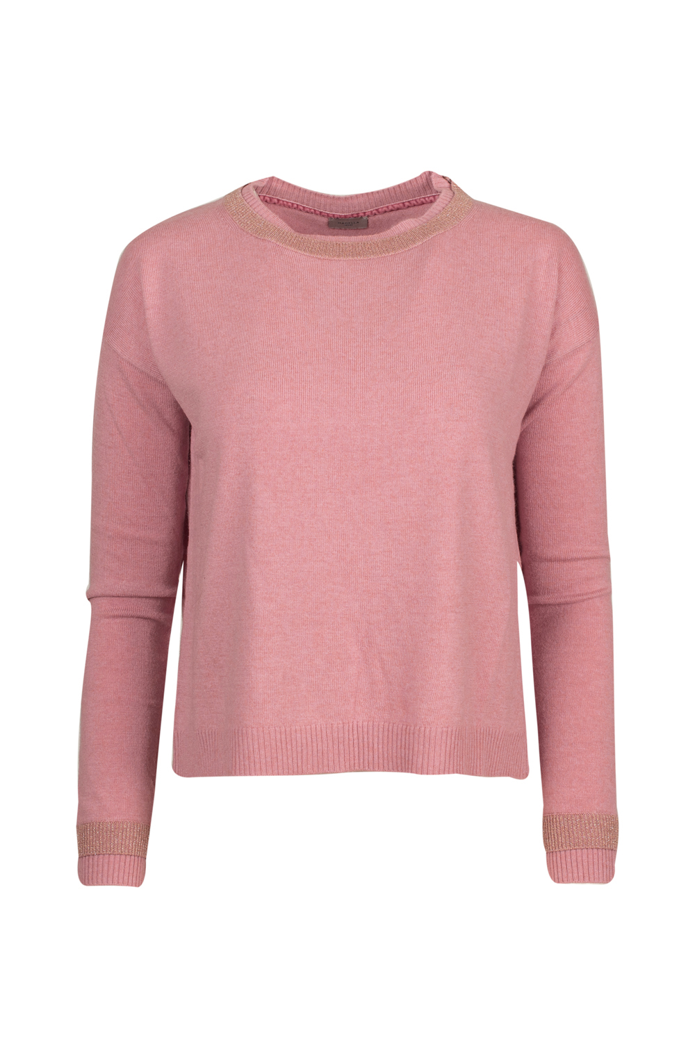 Pink Sweater with Lurex Neck and Sleeve Detail and Slit Back