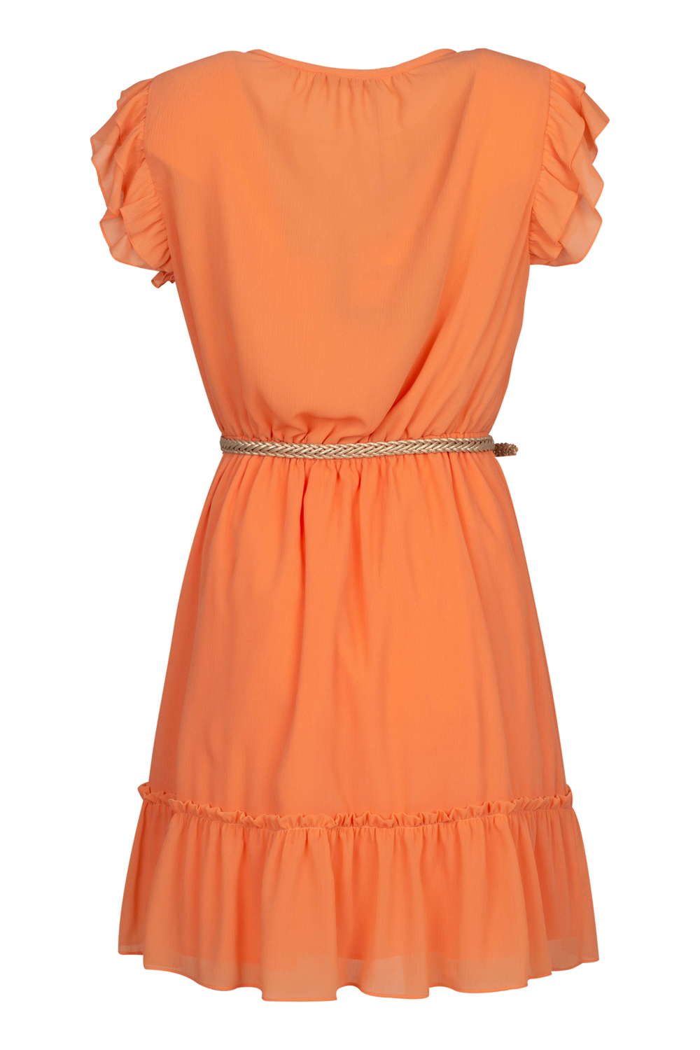 Tiered Ruched Dress with Frills (Incorporated Cotton Lining and Bronze Belt)