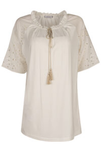 Image of Openwork Peasant Blouse with Frilled Neck Tying and Tassels