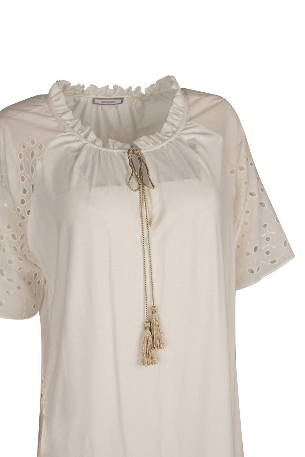 Openwork Peasant Blouse with Frilled Neck Tying and Tassels