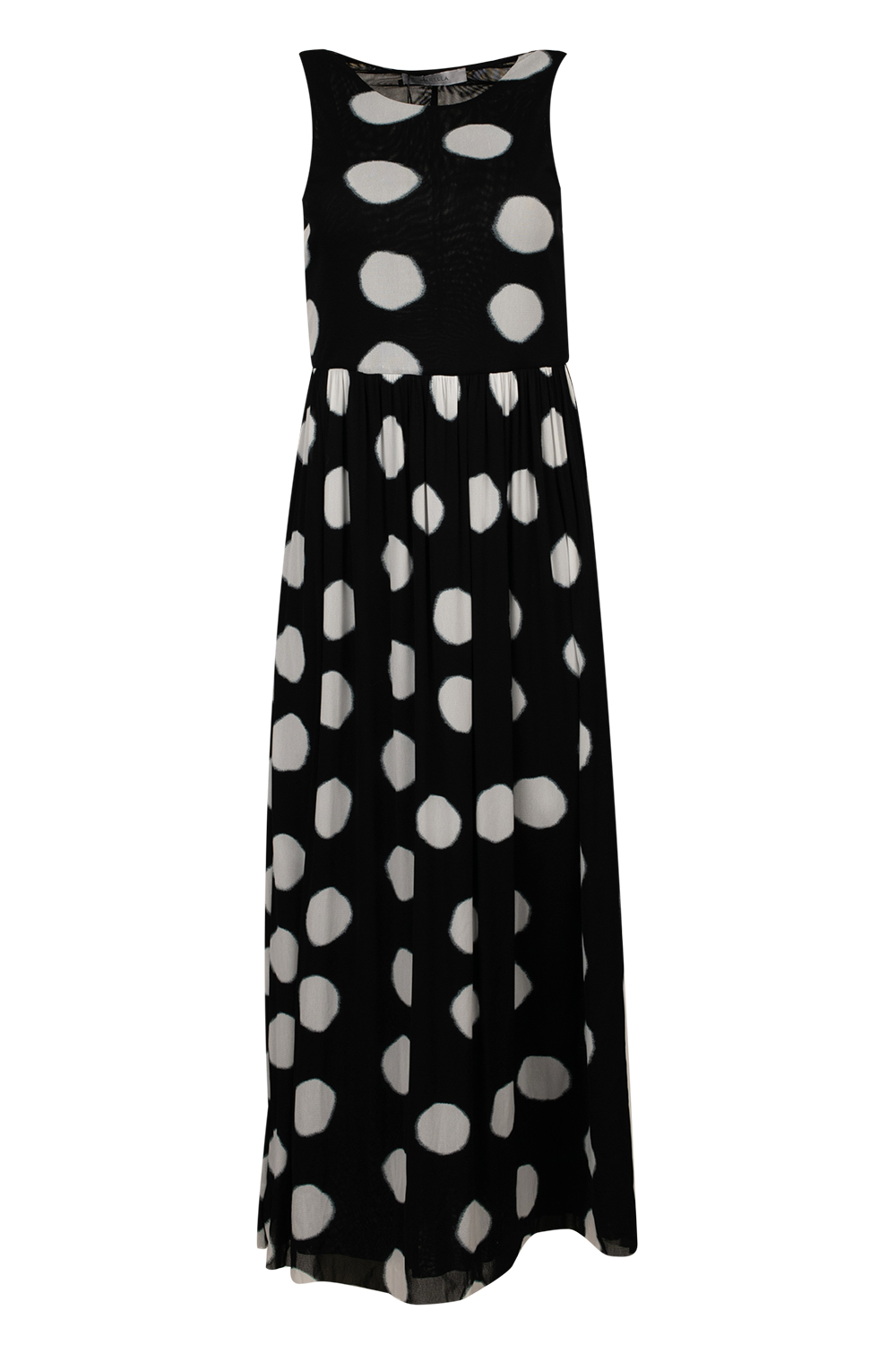 Sleeveless Large Polka Dot Maxi Dress with Waist Ruching