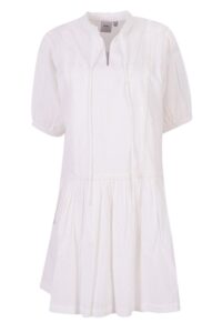 Image of Tiered Textured Dress with Tie Neck, Puffed Sleeves and Piping Details