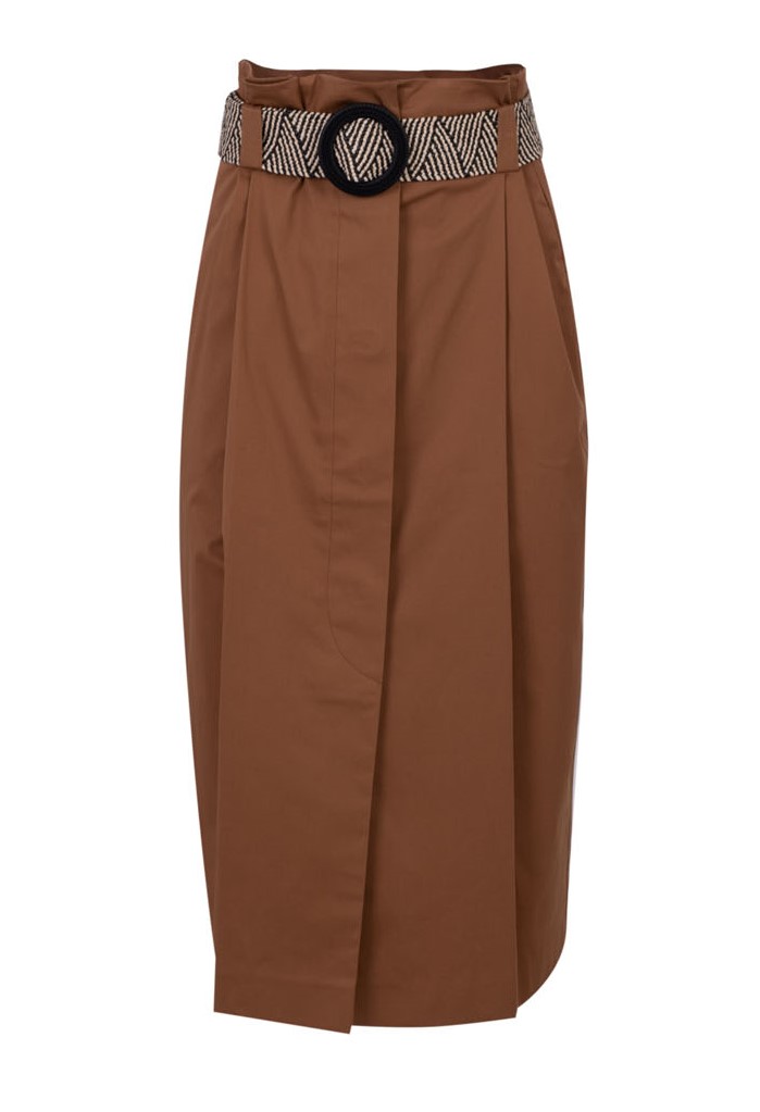 Midi Belted Skirt with Paperbag Waist,Front Buttoning ,Side Pockets and Extra Raffia Belt