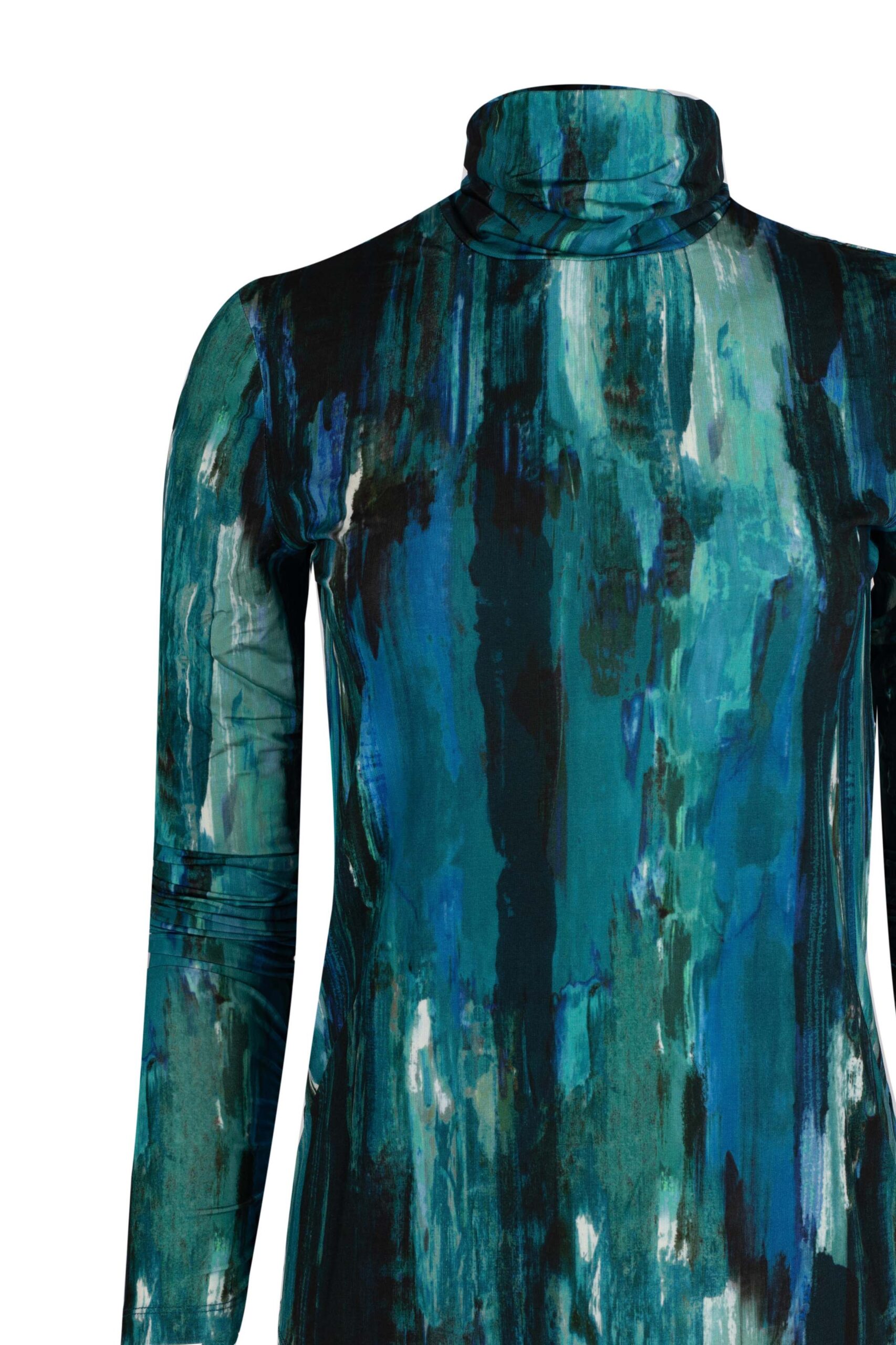 Brush Stroke Effect Polo Neck Blouse with Sleeve Ruching