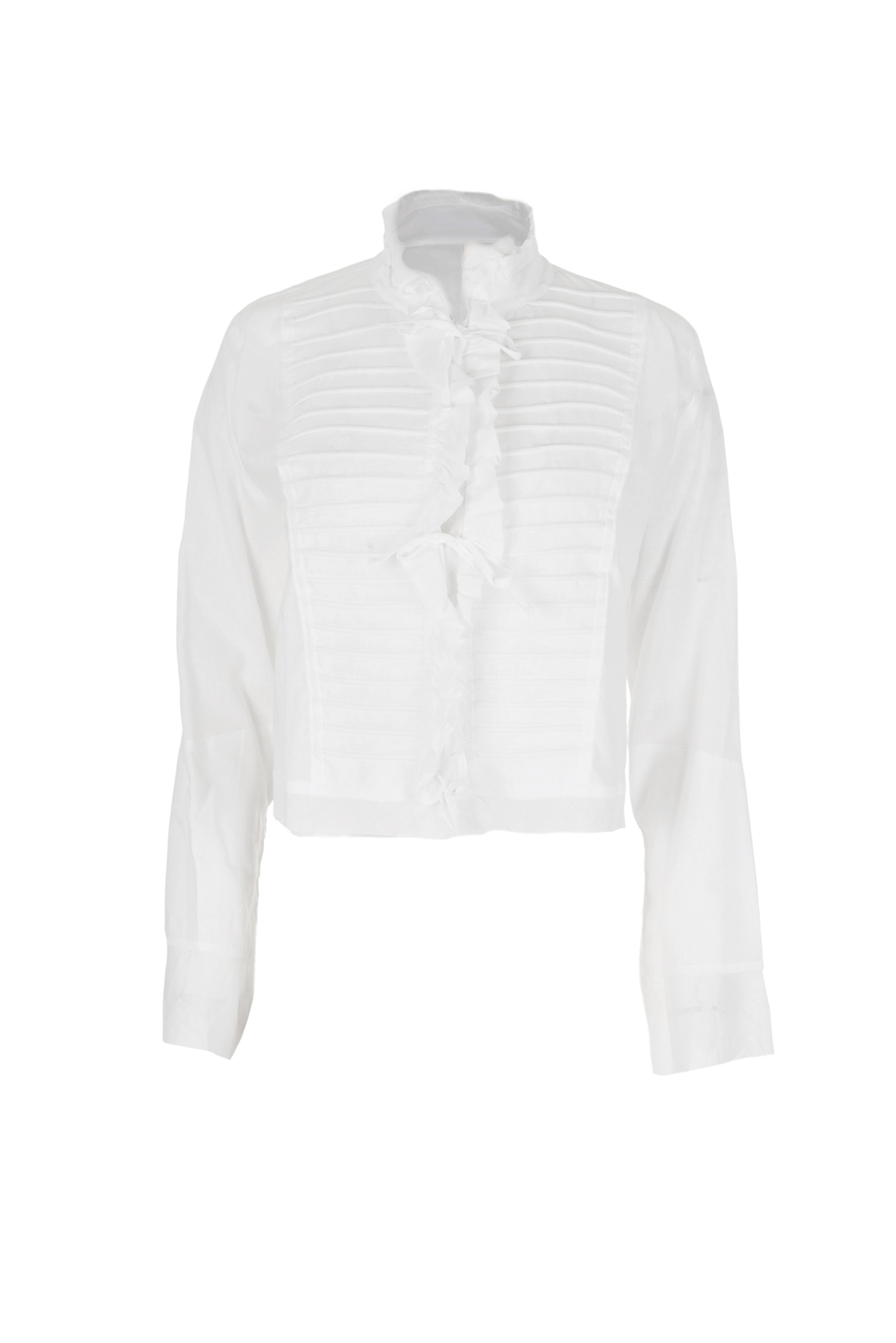 Lin and Cotton High Neck Shirt with Large Pin-Tucks,Frills and Tie Fastening