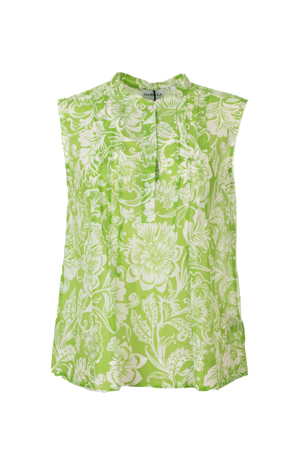 A-Line Floral Sleeveless Blouse with Front Buttoning and Pin-Tucks